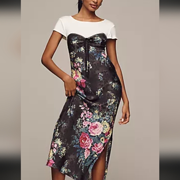 NWT Anthropologie Twofar Black Floral Midi Dress M – Elegant Jacquard Slip Style - Picture 2 of 16